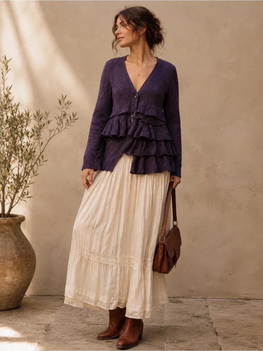 Anthropologie Moth Ruffle Cardigan Sweater Purple Wool Blend Size L Romantic